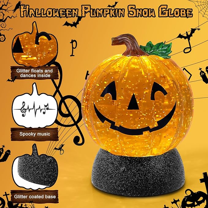 Halloween Snow Globe Lantern Pumpkin Lighted Halloween Snow Globes Battery Operated or USB Powered with 6H Timer Musical Snow Globe Glitter for Spooky Party Home Table Decorations (Pumpkin)-Ruum Studio Home