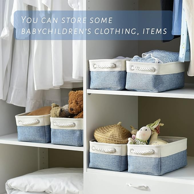 TcaFmac Storage Basket for Shelves - Small 6 Pack Fabric Storage Bins for Organizing, Collapsible Storage Cubes with Handle for Closet Cloth Toy Decorative Gift (White & Blue11.8 x 7.8 x 5.2 inch)-Ruum Studio Home