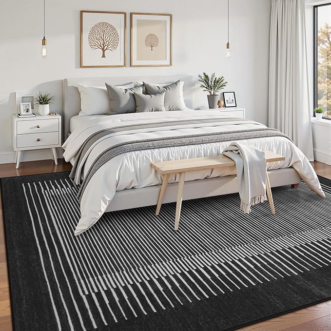 Wonnitar Striped Black Area Rugs 9x12 Living Room, Non-Slip Soft Berber Stripe Bedroom Rug, Low Pile Minimalist Floor Carpet for Dining Room Living Room Department (Black,9' x 12')-Ruum Studio Home