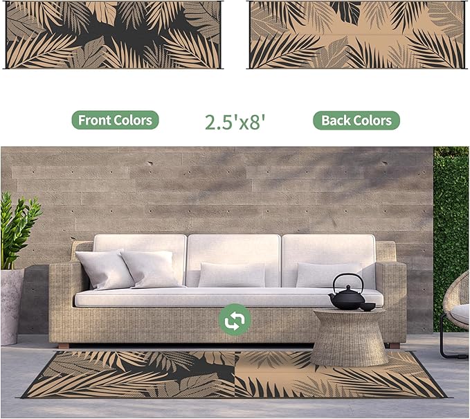 GENIMO Outdoor Rug 2.5' x 8' Waterproof for Patios Clearance, Reversible Outdoor Plastic Straw Camping Rug Carpet, Large Area Rugs Mats for RV, Camper, Deck, Balcony, Porch, Beach, Picnic, Black&Brown-Ruum Studio Home