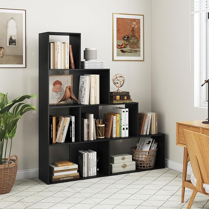 Tangkula 4-Tier Stepped Bookshelf, Freestanding 6 Cubes Ladder Bookcase with Anti-Tipping Kits, 64" Tall Modern Wooden Storage Display Rack for Home Office Living Room Study (2, Black)-Ruum Studio Home