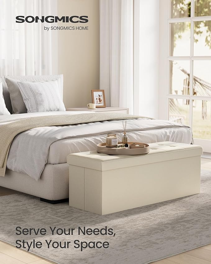 SONGMICS MAZIE Collection - 43 Inches Folding Storage Ottoman Bench, Ottoman Foot Rest, End of Bed Bench, Storage Chest, Load 660 lb, for Living Room, Bedroom, Entryway, Cream White ULSF77BE-Ruum Studio Home