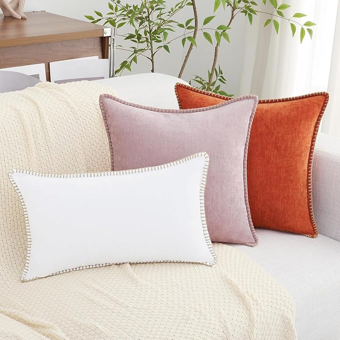 decorUhome Fall Chenille Soft Throw Pillow Covers 12x20 Set of 2, Lumbar Velvet Farmhouse Neutral Decorative Euro Pillow Covers with Stitched Edge for Couch Sofa Bed Home Decor, Rust-Ruum Studio Home
