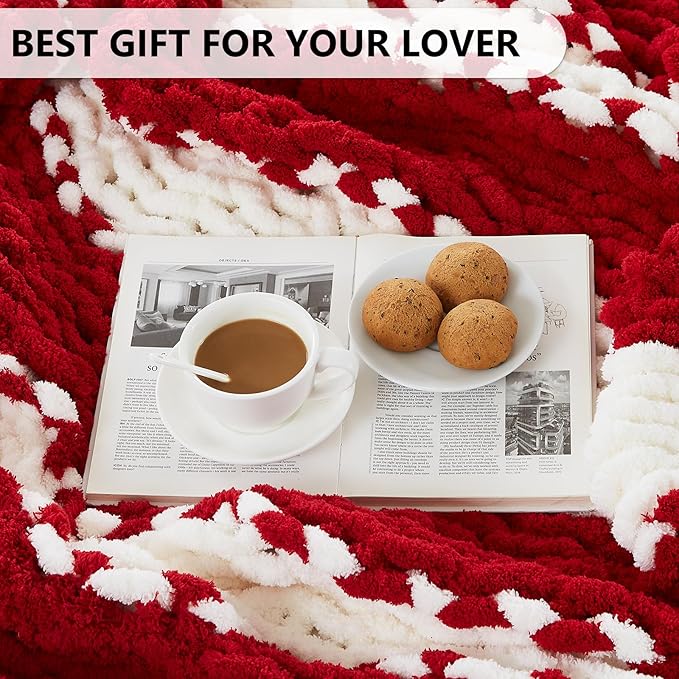 L'AGRATY Chunky Knit Blanket Throw - Soft Throw Blanket 50x60: 100% Hand Kintted Chenile Crochet Throw Blanket for Couch - Large Cable Knit Blanket for Home Decor (Red and White)-Ruum Studio Home