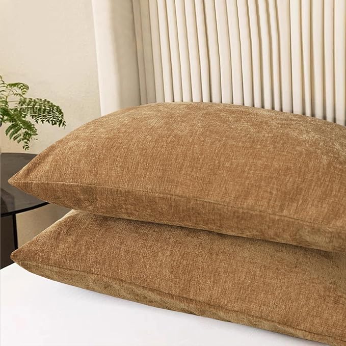 CaliTime Throw Pillow Covers Decorative 20 X 26 Inches Pack of 2 Cozy Chenille Standard Pillow Shams Cases for Couch Sofa Bed Living Room Home Apricot Brown-Ruum Studio Home