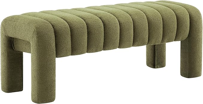 43.3" Bedroom Bench, Upholstered Entryway Bench, Modern End of Bed Ottoman with Solid Wood Legs and Adjustable Foot Pegs for Entryway, Dining Room and Living Room (Green Boucle)-Ruum Studio Home
