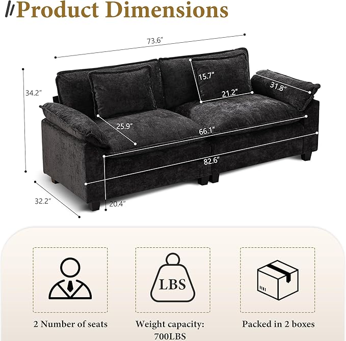 URRED Modular Sectional Sofa Comfy Cloud Couch, Modern Chenille Sofa Sleeper Deep Seat Couches with Ottoman/Pillows for Living Room (Black, 82.6'')-Ruum Studio Home