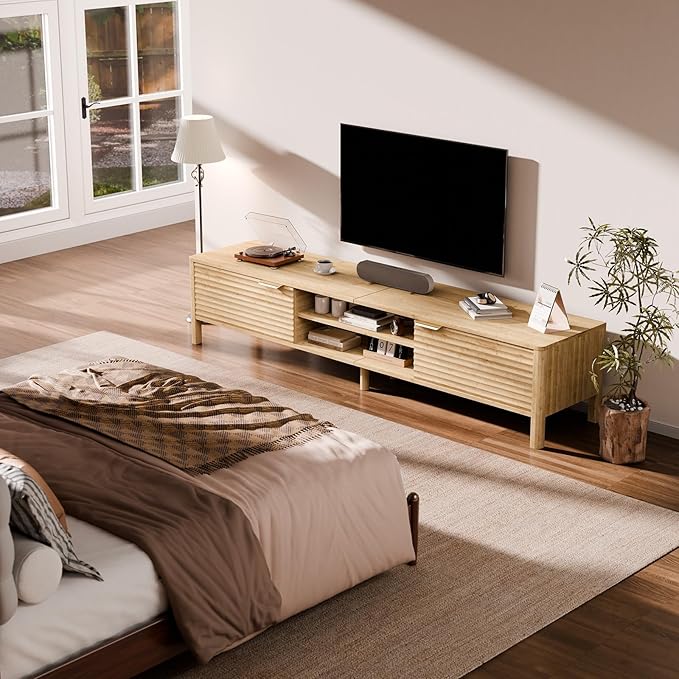 TV Stand for Living Room - up to 80 Inch TVs Mid Century Modern Entertainment Center with Storage and Adjustable Shelves, Media Console Table Oak 70"-Ruum Studio Home