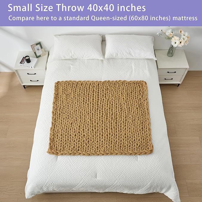 Bigacogo Chunky Knit Throw Blanket for Couch, 40x40 inches, 100% Hand Knitted with Thick Jumbo Chenille Yarn, Cozy Soft Large Rope Knot Cable Crochet Blankets for Sofa Bed Living Room, Goldenrod-Ruum Studio Home