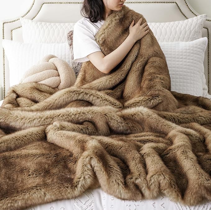BATTILO HOME Luxury Camel Faux Fur Throw Blanket, Soft Cozy Warm Mink Fur Blanket for Bed, Home Decor, Large Striped Fur Blankets and Throws Faux, 60"x80"-Ruum Studio Home