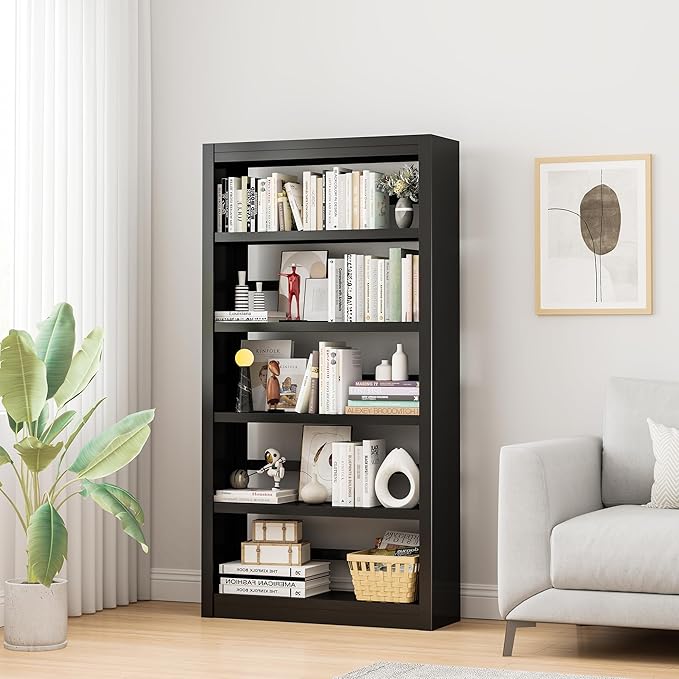 5 Tier Adjustable Black Bookcase, Metal Small Bookshelves and Bookcases, 61" H Display Modern Bookshelf for Living Rooms, Bedrooms, Home Offices, 10 Minutes Assemble-Ruum Studio Home