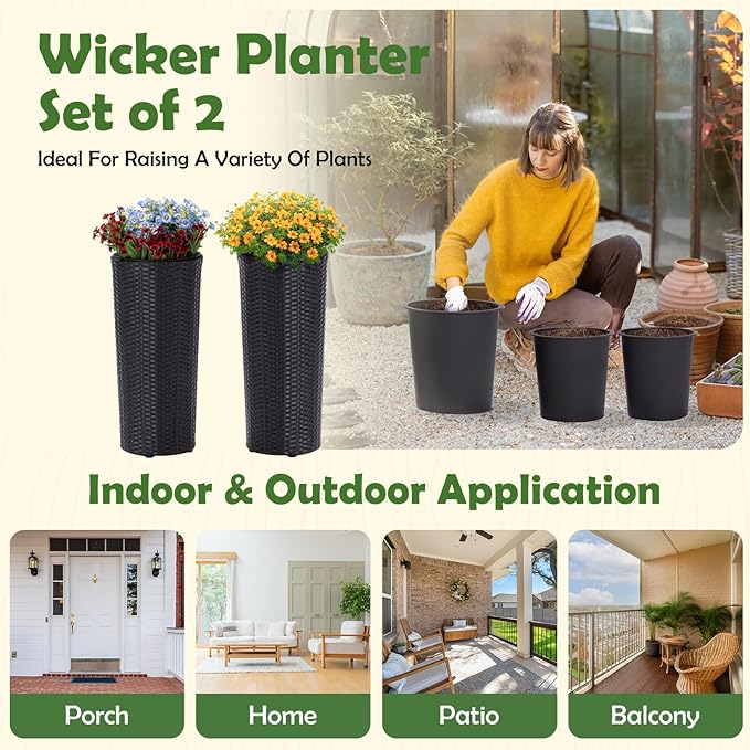 IDZO All Weather Wicker Planters for Outdoor Plants Set of 2, 24 inch Tall Black Planter for Front Porch, Patio, Balcony, Indoor Usage - Round Rattan Flower Pots-Ruum Studio Home
