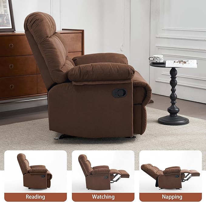 Rocker Recliner Chair, Overstuffed Manual Rocking Recliner for Adults, Upholstered Comfy Soft Fabric Living Room Reclining Sofa Chair (Brown Fabric)-Ruum Studio Home