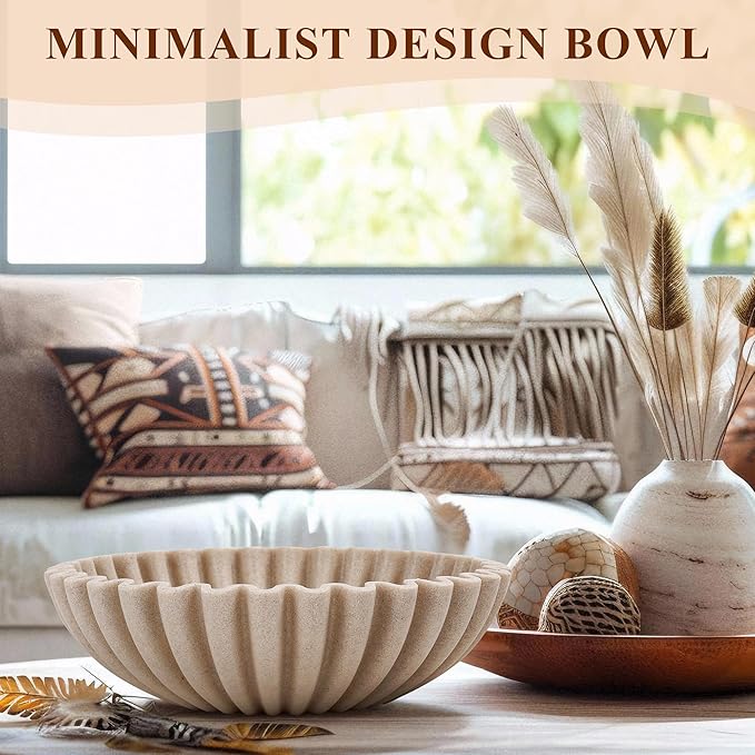 Large Decorative Bowl, Modern Handicraft Bowls for Home Decor, Decorative Fruit Bowl for Kitchen Counter, Ruffle Decor, Stylish Key Bowl for Entry Table, Artificial Stone Beige-Ruum Studio Home