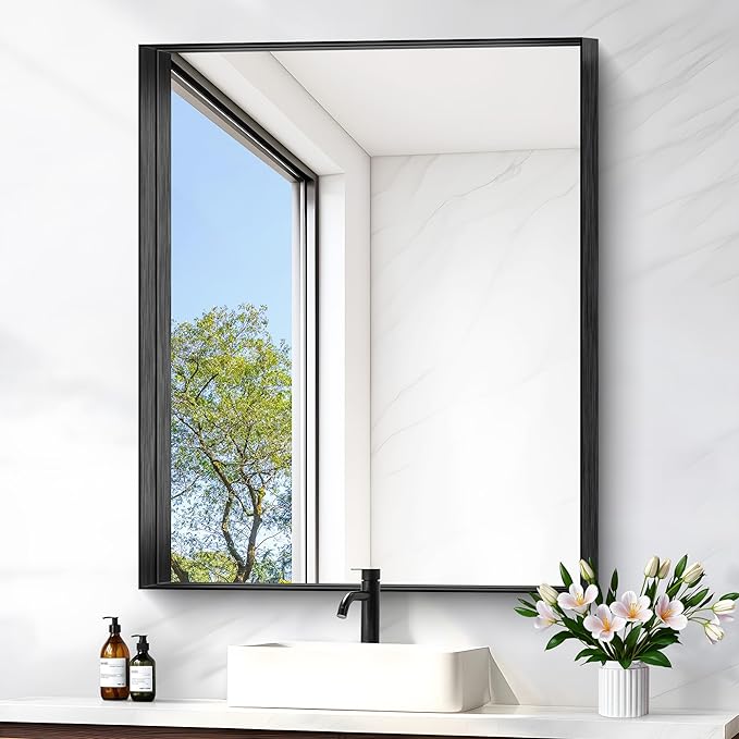 Black Bathroom Mirror, 30x36 Inch Rectangular Framed Mirror, Large Wall Mounted Bathroom Vanity Mirror Over Sink for Bedroom,Restroom, Living Room, Hangs Vertically or Horizontally-Ruum Studio Home
