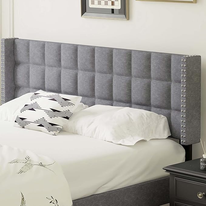 VECELO Headboard Queen Size, Linen Upholstered Headboards Only with Nailhead Trim Wingback, Square Stitched Design, Adjustable Height from 40" to 49.8", Light Grey-Ruum Studio Home