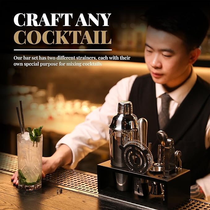 Mixology Bartender Kit with Stand - 15 Piece Bar Tool Set, Silver Bar Set Cocktail Shaker Set for Drink Mixing - Includes Martini Shaker, Jigger, Strainer, Bar Mixer Spoon, Tongs, Opener | Gift Idea-Ruum Studio Home