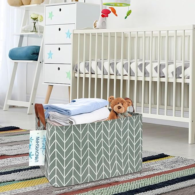 LANGYASHAN Rectangular Storage Bin Collapse Canvas Fabric Cartoon Storage Basket with Handles for Organizing Home Kitchen Boys and Girls Toys Office Closet Shelf Baskets (Rec Grey Point)-Ruum Studio Home
