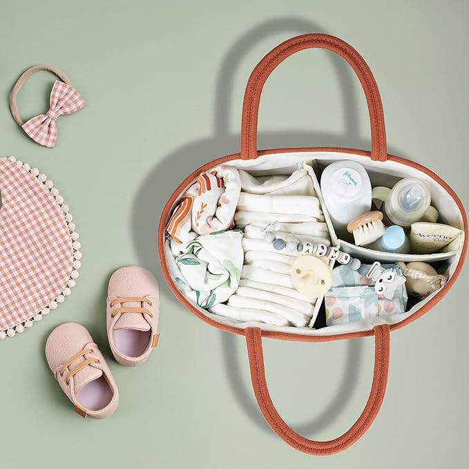 Large Baby Diaper Caddy Organizer for Girl Boy Rope Nursery Storage Bin Basket Portable Holder Tote Bag for Changing Table Car Travel Baby Shower Gifts Registry Must Haves Rustic-Ruum Studio Home
