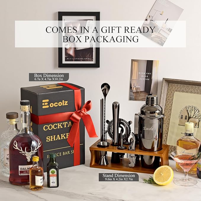 Bartender Kit Cocktail Shaker Set with Stand Bar Tool Bar Set for Drink Mixing Home Bartending Kit 17-Piece Bar Cart Accessories: Martini Shaker, Mixer Spoon, Jigger, Muddler, Strainer & Recipes Gifts-Ruum Studio Home