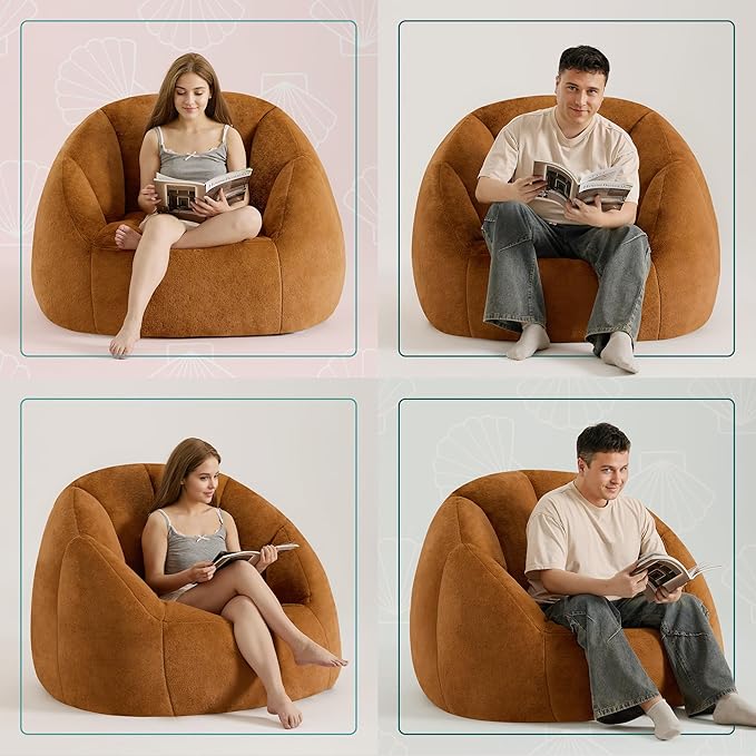 Giant Bean Bag Chair for Adults - Comfy Plush Round Shell Soft Reading Chair, Oversized Cozy Lounge Floor Sofa Accent Chair, Mini Couch for Living Room, Bedroom & Game Rooms, Orange-Ruum Studio Home