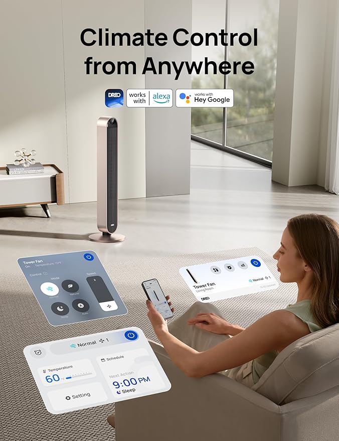 Dreo Smart Tower Fan Voice Control, 120° Oscillating Fan Works with Alexa/Google/App/Remote, 42 Inch, 25dB Quiet DC Bladeless Fan for Bedroom,12 Speeds, Floor Fan for Home, Office, Pilot Max S-Ruum Studio Home