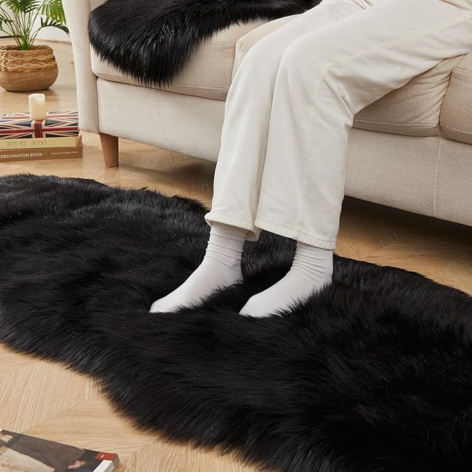 AMTOVO Faux Sheepskin Rug, Black Ultra Soft Fluffy Shag Area Rug, 2 x 6 ft Faux Fur Rug for Bedroom Sofa Throw Cushion Room Decor, Sheepskin-Ruum Studio Home