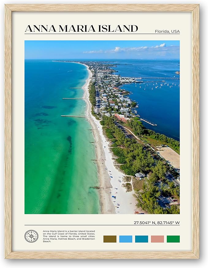 HesenDot Natural OAK Wood Framed Anna Maria Island Wall Art,12x16in Florida Seascape Canvas Wall Print,Classic Urban Landmark Wall Decor for Living Room, Bedroom,Office Gallery Set of 1-Ruum Studio Home