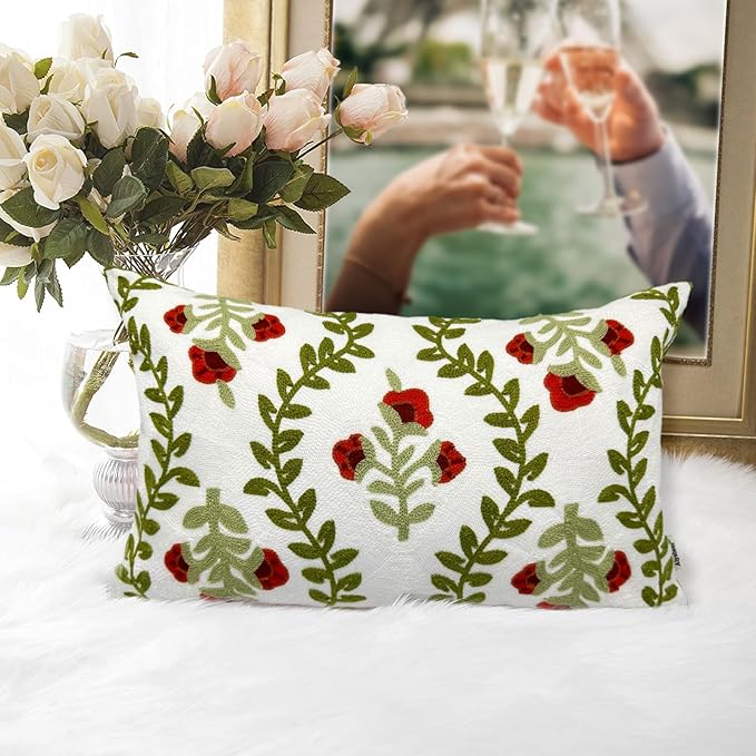 Alysheer Floral Embroidered Summer Lumbar Decorative Throw Pillow Cover 12"x 20", Farmhouse Cottage Red Flowers Green Leaves Patterned Cotton Canvas Cushion Case for Sofa Couch Bed Living Room Decor-Ruum Studio Home