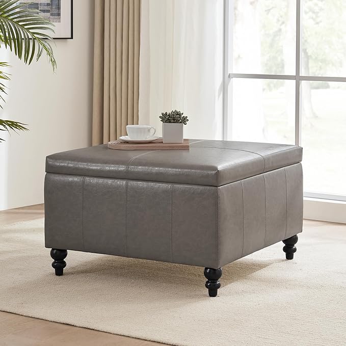 HUIMO Square Leather Storage Ottoman,Ottoman Coffee Table with Storage for Living Room (Taupe)-Ruum Studio Home