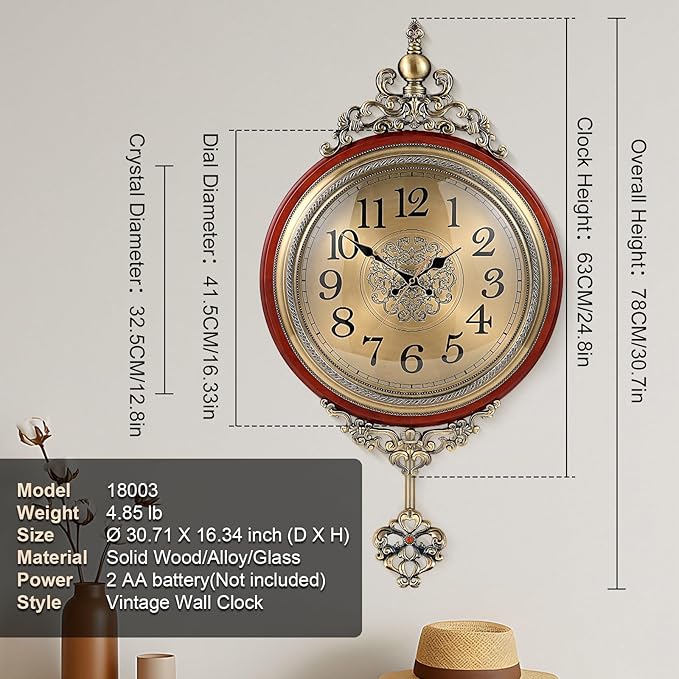 Vintage Wall Clock with Pendulum, 16 Inch Large Retro Metal and Glass Silent Clock for Living Room, Antique Wood Pendulum for Dining Room Office Home Decor-Ruum Studio Home
