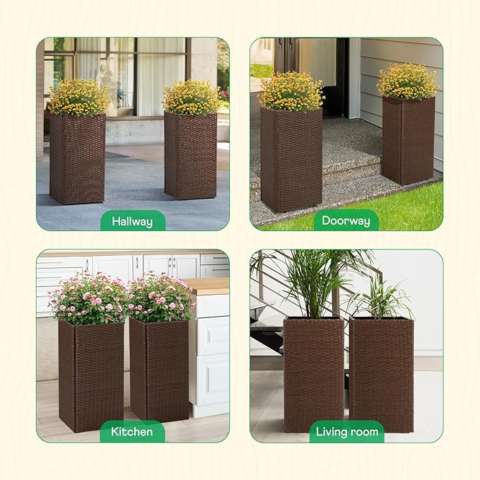 IDZO All-Weather Wicker Planters, Set of 2, 24 in Tall Wicker Planters, Self-Watering with Drainage, Durable PP Material, Raised Garden Bed Alternative, Indoor Outdoor Use, Modern Rattan Design-Ruum Studio Home