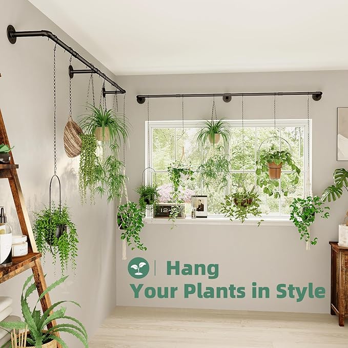 Plant Hanger Indoor with 12 Hanging Chains Hanging Planters for Indoor Plants Hanging Plant Holder Window Plant Rod Black Metal Shelves 70.8 Inch 2PCS Pot not Included-Ruum Studio Home