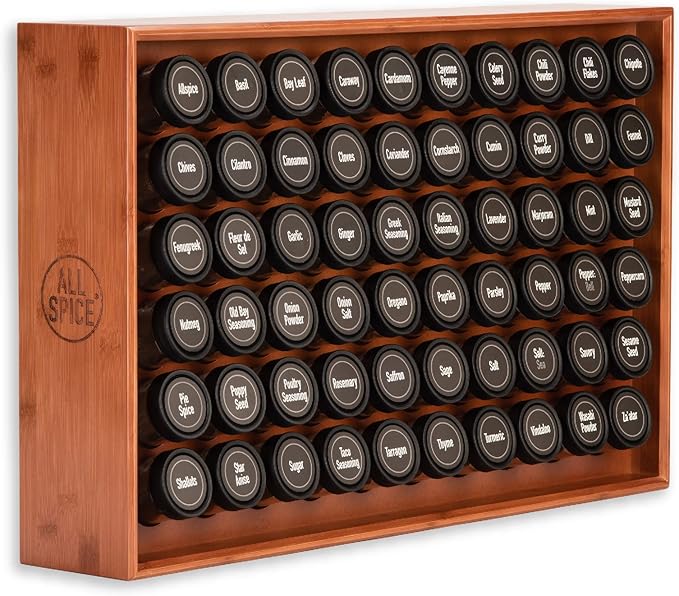 AllSpice Spice Rack Organizer, Wood, 525 Unique Labels, Countertop or Wall Mount, Includes 60 4oz Jars- Cherry Stain-Ruum Studio Home