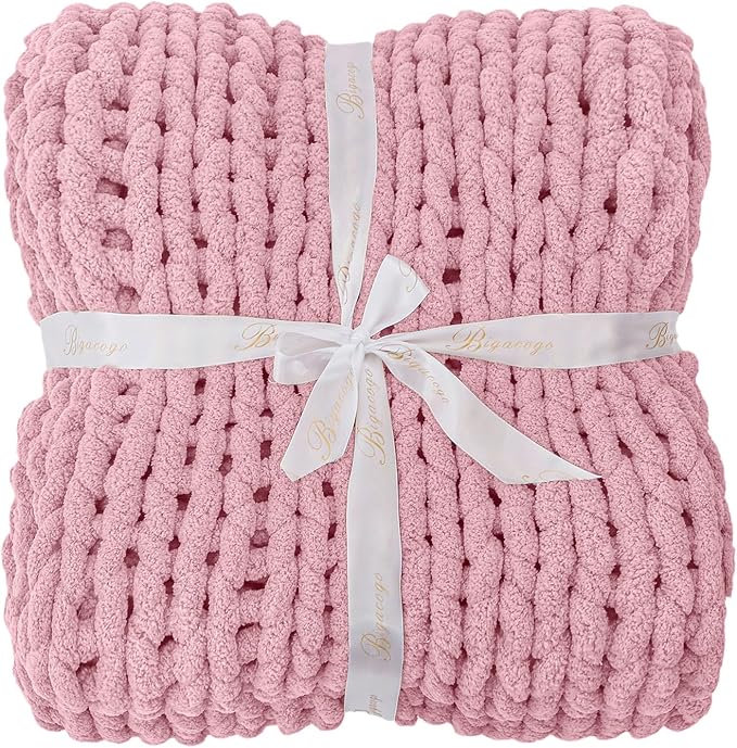 Bigacogo Chunky Knit Throw Blanket for Couch, 51x63 inches, 100% Hand Knitted with Thick Jumbo Chenille Yarn, Cozy Soft Large Rope Knot Cable Crochet Blankets for Sofa Bed Living Room, Blush Pink-Ruum Studio Home