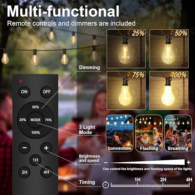 75FT Outdoor String Lights Waterproof with 50+4 Bulbs (1.5FT Bulbs Spacing), Remote & Dimmer, Commercial Patio String Lights with 3 Mode Light & Timing, 100PC Mounting Ties for Outside-Ruum Studio Home