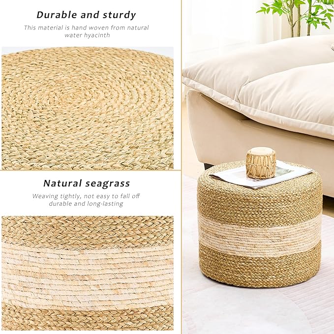 Handwoven Seagrass Ottoman Pouf, Round Outdoor Footstool with Sturdy Frame, No Assembly Needed, Boho Accent Stool for Indoor & Outdoor Use – Patio, Balcony, Living Room (Seagrass White)-Ruum Studio Home