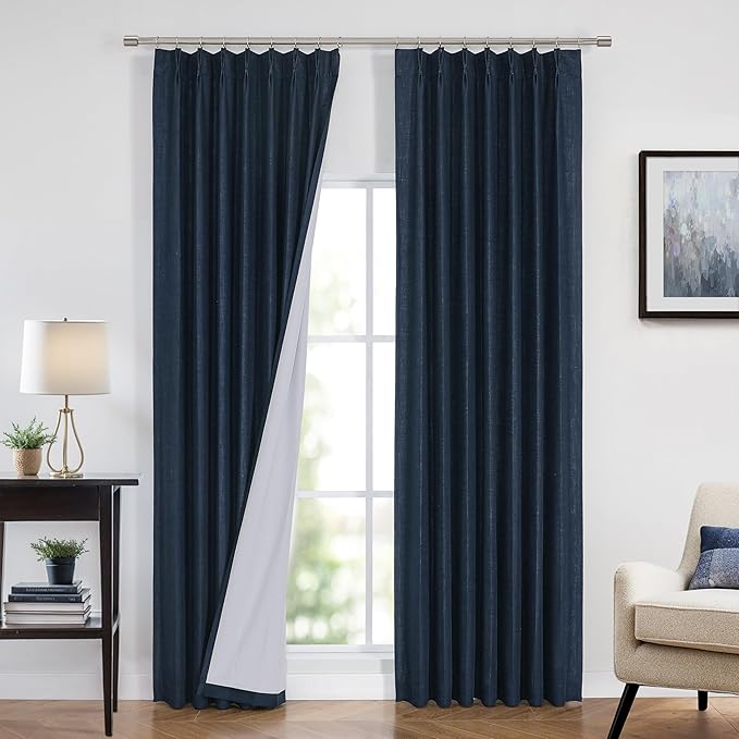 Vision Home Navy Blue Pinch Pleated Full Blackout Curtains Linen Blended Room Darkening Curtain Panels 63 inch for Living Room Bedroom Thermal Insulated Pinch Pleat Drapes with Hooks 40" Wx63 Lx2-Ruum Studio Home