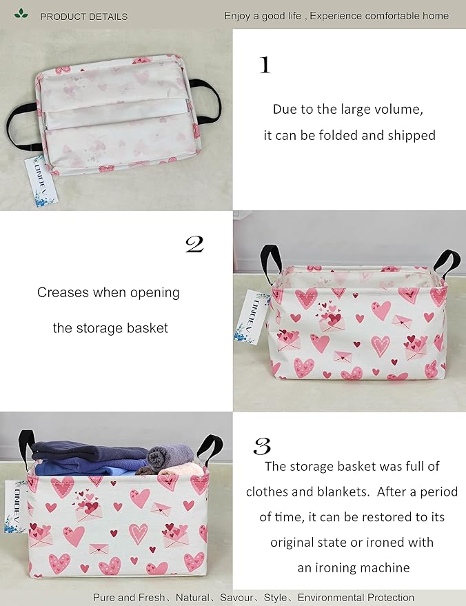 Rectangular Folding Laundry Basket,waterproof Canvas Basket,gift basket,Suitable for children's room,Office,Clothes,Toys Storage(Pink Love)-Ruum Studio Home
