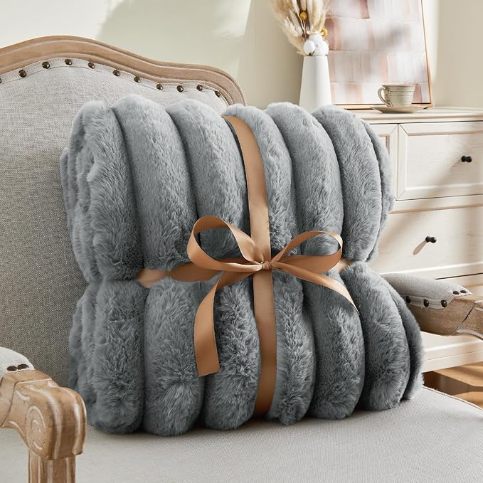BEDELITE Faux Fur Throw Blanket for Couch, Soft and Cozy Luxurious 3D Striped Fluffy Blanket, 770GSM Thick Warm Plush Fuzzy Faux Rabbit Fur Blanket for Women Gift (Crey, 50"x 60")-Ruum Studio Home