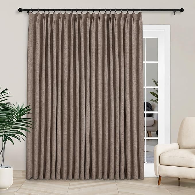 Macochico Extra Wide 100% Blackout Linen Curtains for Sliding Door Pleated Curtains with Hooks Insulated Soft Linen Drapes for Bedroom Living Room with Tieback Light Brown 100”Wx84”L 1 Panel-Ruum Studio Home