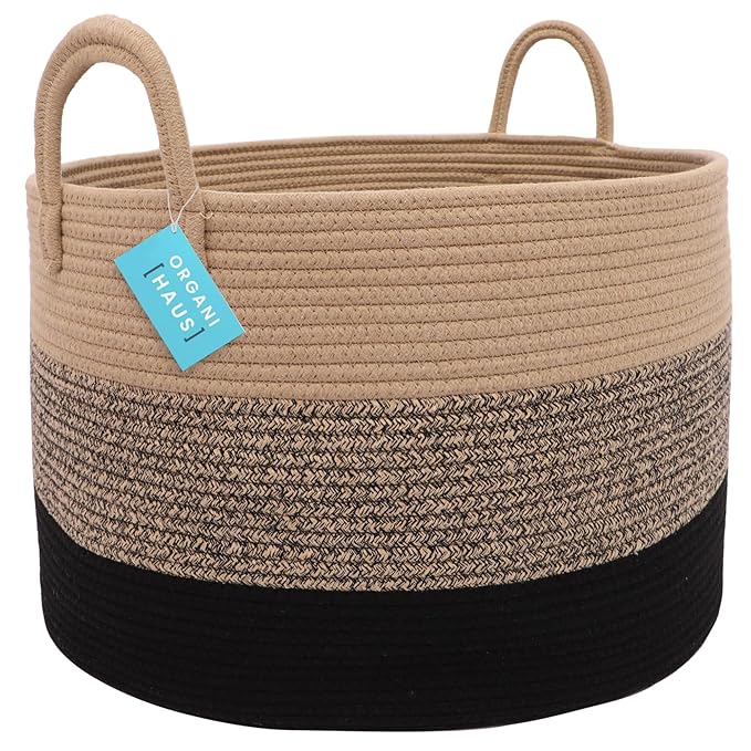 OrganiHaus Woven Laundry Basket, Large Cotton Rope Blanket Holder with Handles, Soft & Sturdy Nursery Hamper, Decorative Toy Bin for Living Room Organization 20x13 inches - Brown/Black-Ruum Studio Home