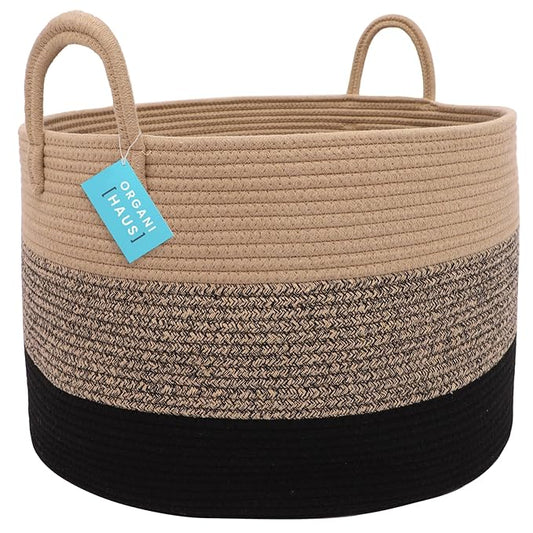 OrganiHaus Woven Laundry Basket, Large Cotton Rope Blanket Holder with Handles, Soft & Sturdy Nursery Hamper, Decorative Toy Bin for Living Room Organization 20x13 inches - Brown/Black-Ruum Studio Home