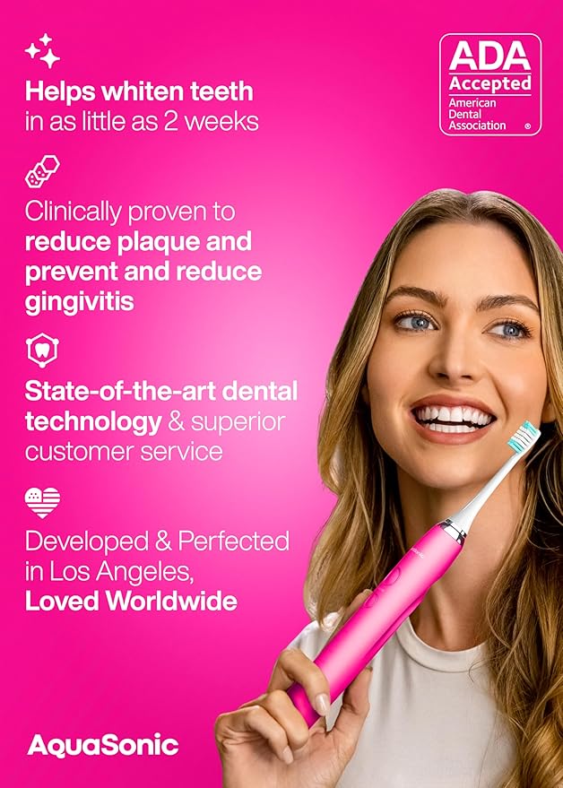 Aquasonic Vibe Series Ultra-Whitening Toothbrush – ADA Accepted Electric Toothbrush - 8 Brush Heads & Travel Case – 40,000 VPM Motor & Wireless Charging - 4 Modes w Smart Timer – Electric Pink-Ruum Studio Home