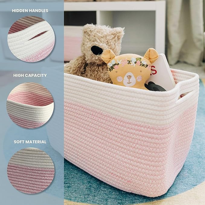 OrganiHaus Woven Storage Baskets for Organizing, Cotton Rope Organizer Bins for Shelves, Closet & Nursery, Dog Toy Basket, Decorative Bins for Toys, Towels & Books - 15x10x9, Pink/Off-White-Ruum Studio Home