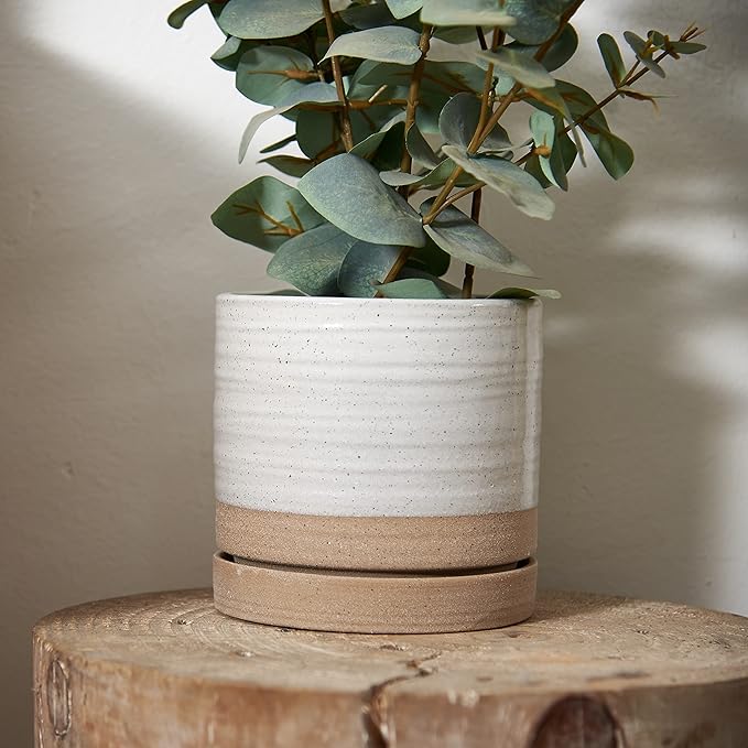 6 Inch Plant Pots, Ceramic Planter Pot with Drainage Hole & Saucer, Indoor/Outdoor Cylinder Round Planter Pot, White & Beige Glaze-Ruum Studio Home