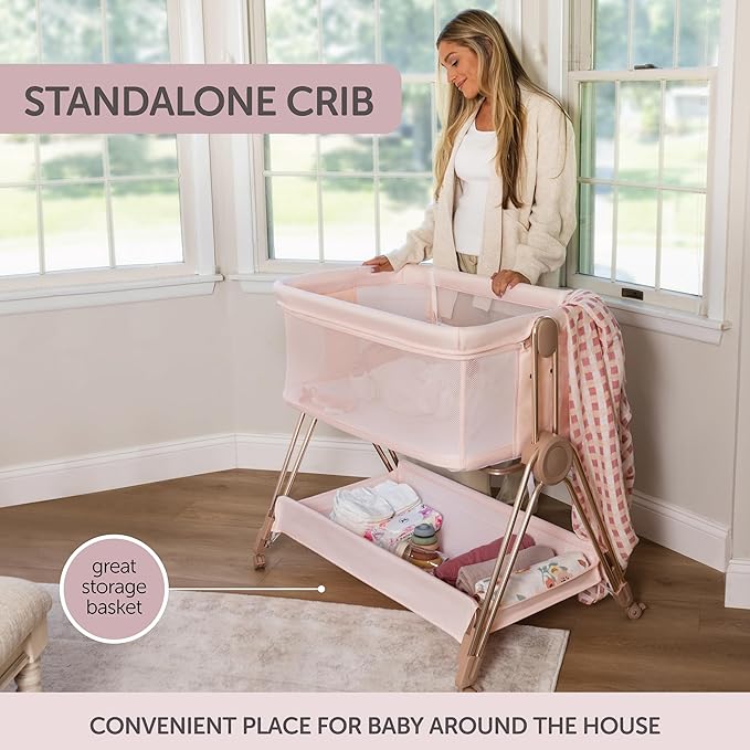 Baby Bedside Sleeper - Bassinet & Bedside Crib with Height Adjustment & Wheels - Can Be Placed Next to Bed - Attaches to Parents Bed - Easy to Fold & Carry Bassinet for Girls (Pink)-Ruum Studio Home