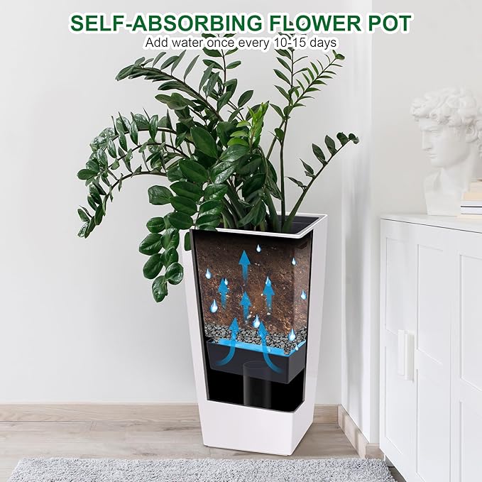 30" Tall Planters Set of 2, Outdoor＆Indoor Black Planter Pots, High Front Porch Planter Pots with Drainage Holes＆Water Level Monitor Movable Wheels ＆Inner Bucket, Automatic Watering, White-Ruum Studio Home