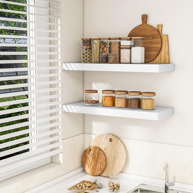 RICHFOCUS 36Inch Floating Shelves for Wall 2 Pack Shelves for Bedroom|Kitchen|Bathroom Wall Mounted Rustic Wood Floating Shelf with Invisible Brackets for Books|Storage|Decor, White-Ruum Studio Home