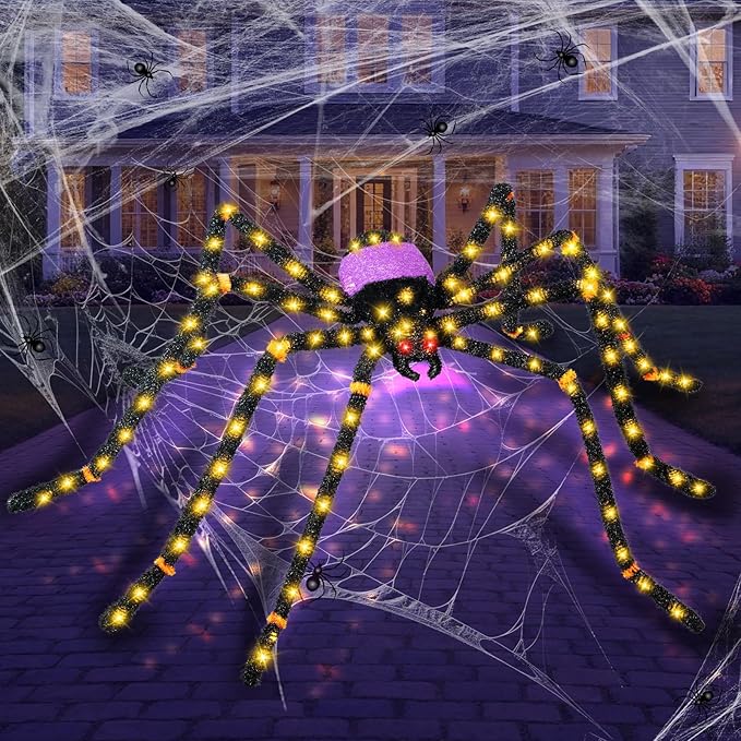 5.5FT Giant Spider Halloween Decorations with 100 LED, Plug-in Pre-Lit Light Up Scary Spider Halloween Decorations, Large Spider Decorations for Outdoor, Yard, Lawn, Exterior Walls-Ruum Studio Home
